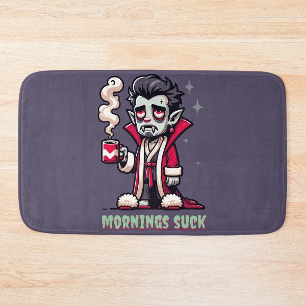 Item preview, Mornings Suck - A tired vampire in his dressing gown and fluffy slippers holding his morning coffee designed and sold by geetarv.