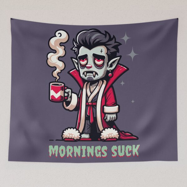 Item preview, Mornings Suck - A tired vampire in his dressing gown and fluffy slippers holding his morning coffee designed and sold by geetarv.