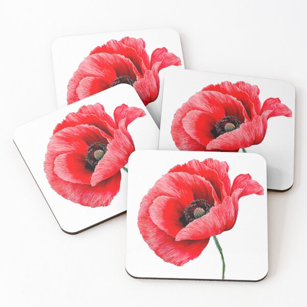 Item preview, A vibrant red poppy flower with delicate petals and contrasting dark center on a slender green stem against a white background designed and sold by AutoPics.