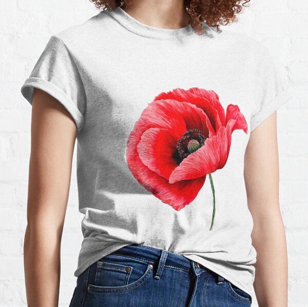 Item preview, A vibrant red poppy flower with delicate petals and contrasting dark center on a slender green stem against a white background designed and sold by AutoPics.
