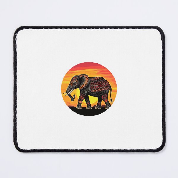 Item preview, A tribal-style elephant adorned with intricate patterns, set against the backdrop of a vibrant, setting sun, evoking a sense of warmth and tradition. #2 designed and sold by Ex3l3nd.