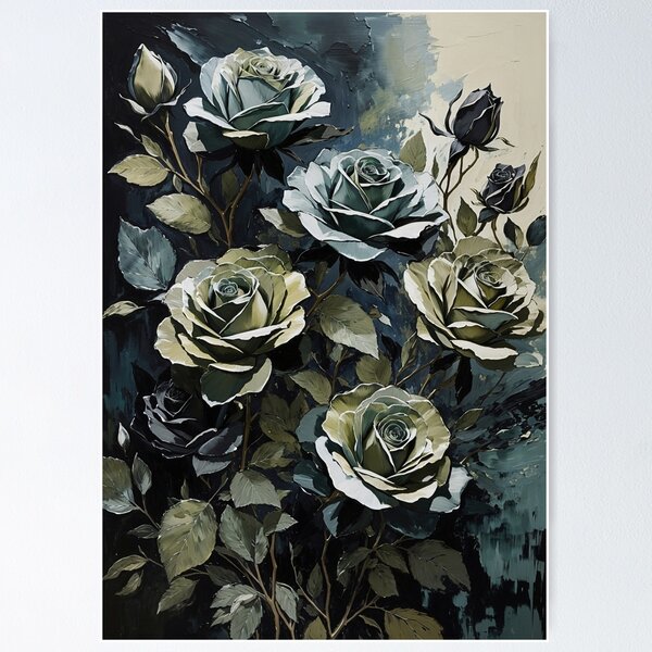 Aperçu de l'œuvre Peinture à l'huile de roses vertes et bleu sarcelle créée et vendue par FlowerMeFlorals.