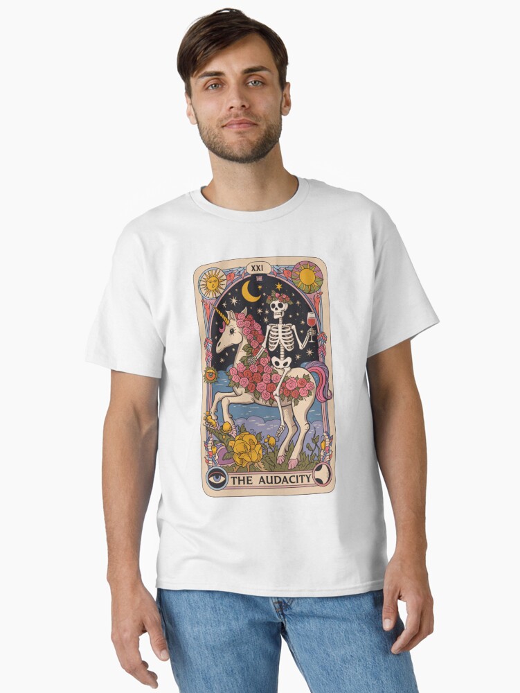 Thumbnail 2 of 7, Classic T-Shirt, The Audacity – Skeleton on Unicorn Tarot Design designed and sold by Charlietule.