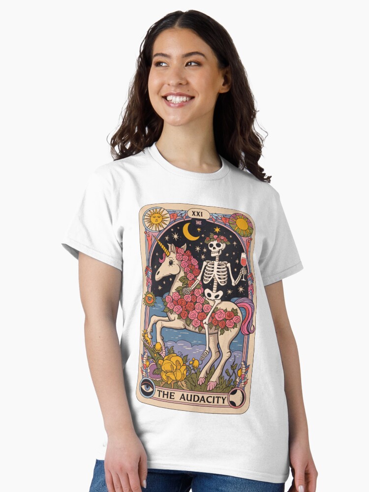 Thumbnail 1 of 7, Classic T-Shirt, The Audacity – Skeleton on Unicorn Tarot Design designed and sold by Charlietule.