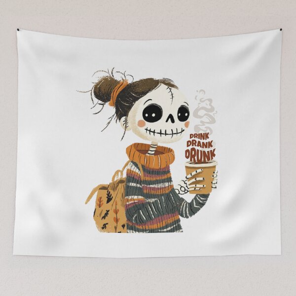 Item preview, Adorable Skeleton with Coffee and 'Drink Drank Drunk' Quote | Fun and Spooky Art designed and sold by CreativebyTKK.