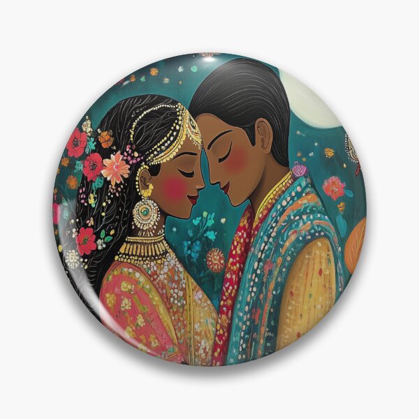 Item preview, blushing Indian couple in a moonlit floral garden with moths designed and sold by BeatnikBuddha.