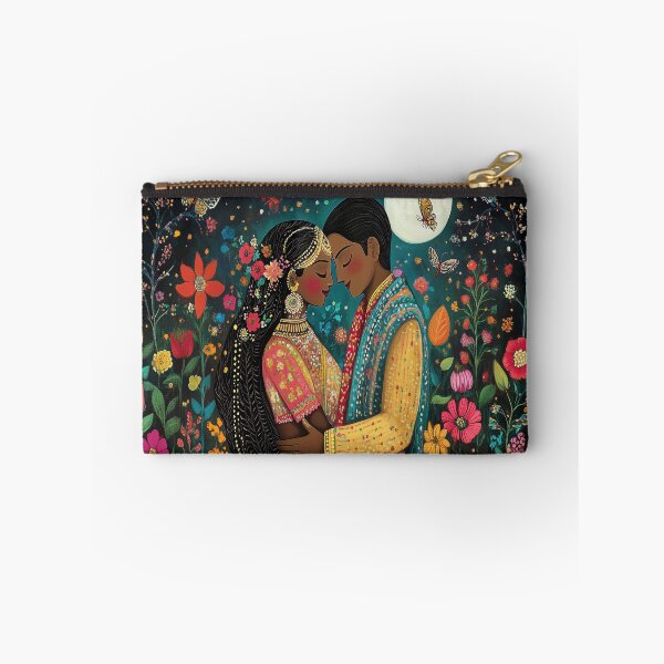 Item preview, blushing Indian couple in a moonlit floral garden with moths designed and sold by BeatnikBuddha.