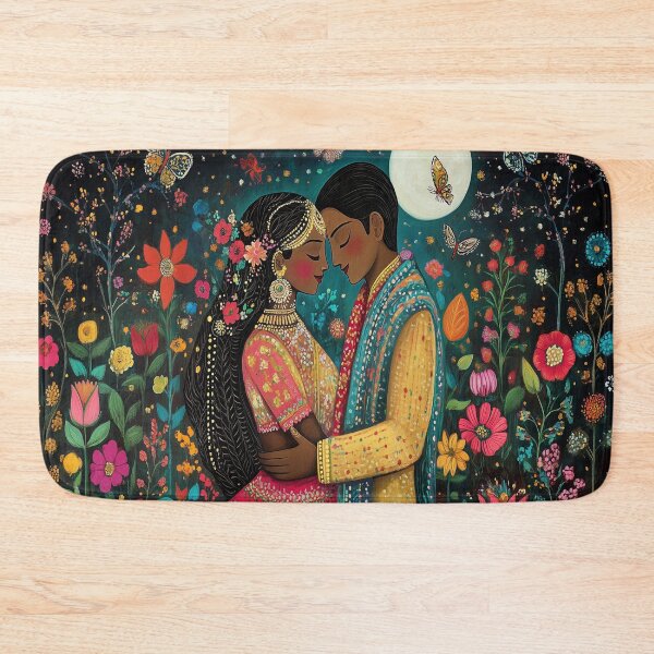 Item preview, blushing Indian couple in a moonlit floral garden with moths designed and sold by BeatnikBuddha.