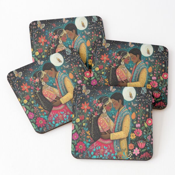 Item preview, blushing Indian couple in a moonlit floral garden with moths designed and sold by BeatnikBuddha.