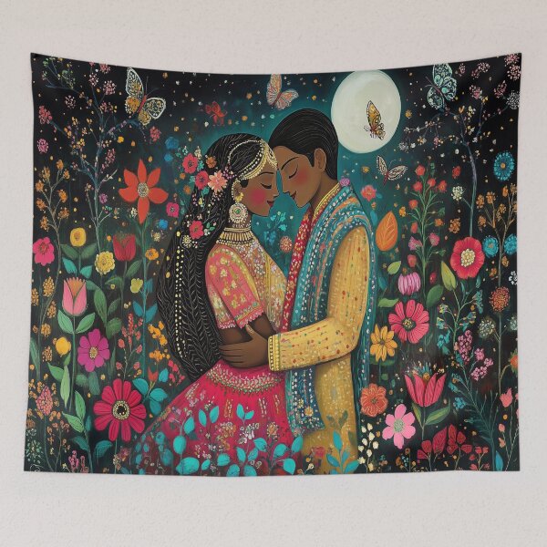 Item preview, blushing Indian couple in a moonlit floral garden with moths designed and sold by BeatnikBuddha.