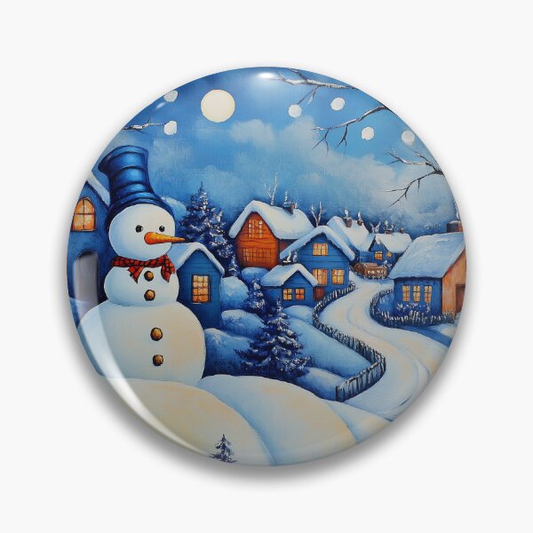 Item preview, Blue and White Christmas Snowman Village Landscape designed and sold by pinkrhinoutpost.