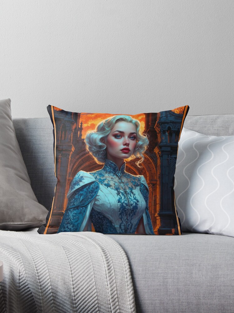 Lady White Of Arklous In Front Of A Gothic Cathedral Mysterious AI Concept Art by Xzendor7 Decorative Art Print Throw Pillow