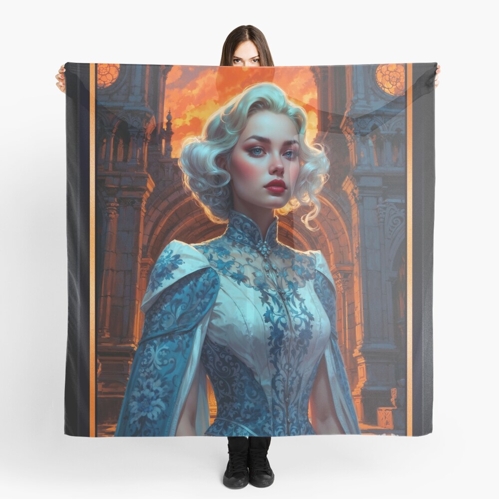 Lady White Of Arklous In Front Of A Gothic Cathedral Mysterious AI Concept Art by Xzendor7 Decorative Art Ladies Scarf