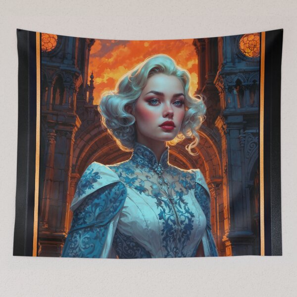 Item preview, Lady White Of Arklous In Front Of A Gothic Cathedral Mysterious AI Concept Art by Xzendor7 designed and sold by Xzendor7 Digital Art Creations.
