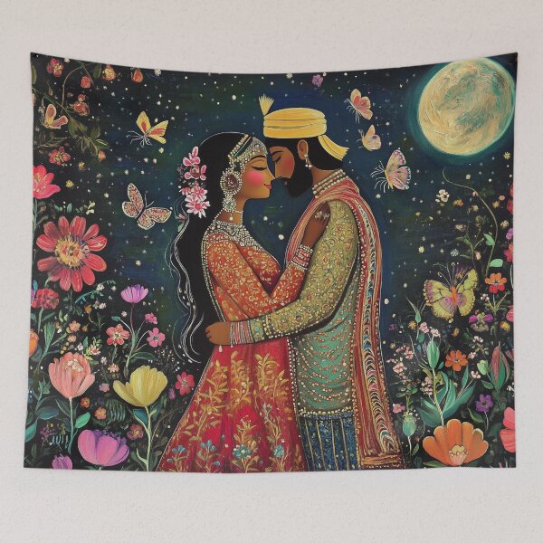 Item preview, Traditional Asian Couple embracing in floral garden under the moon designed and sold by BeatnikBuddha.
