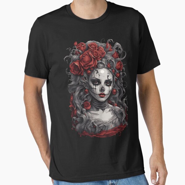 Aperçu de l'œuvre Squelette de femme gothique avec des roses rouges créée et vendue par Quirky Shirts.