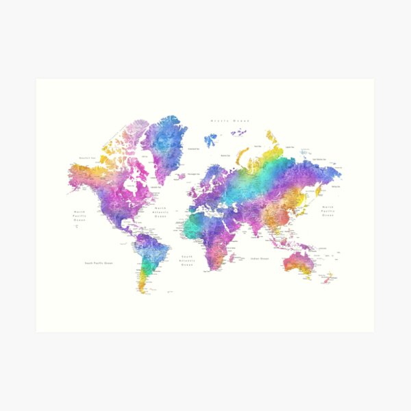 Bright colorful watercolor world map Art Print