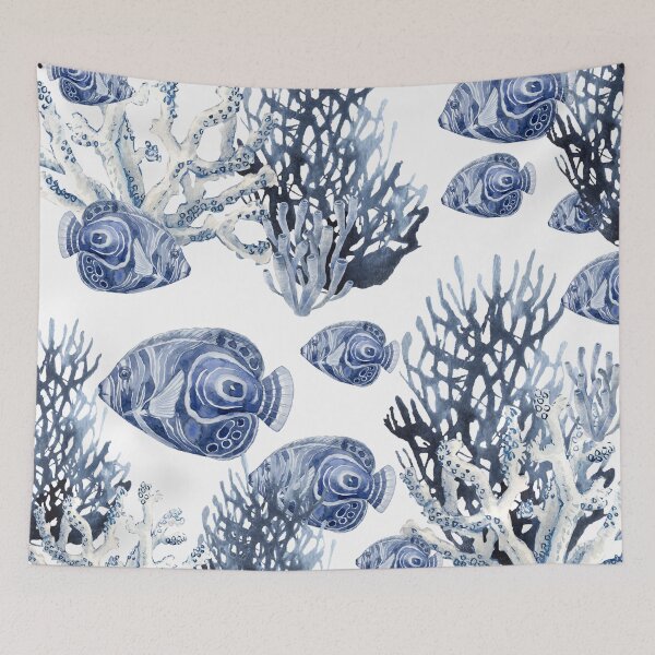 Item preview, Navy Blue Fish Coral Reef Nautical Beach Pattern designed and sold by SeaStarAlex.