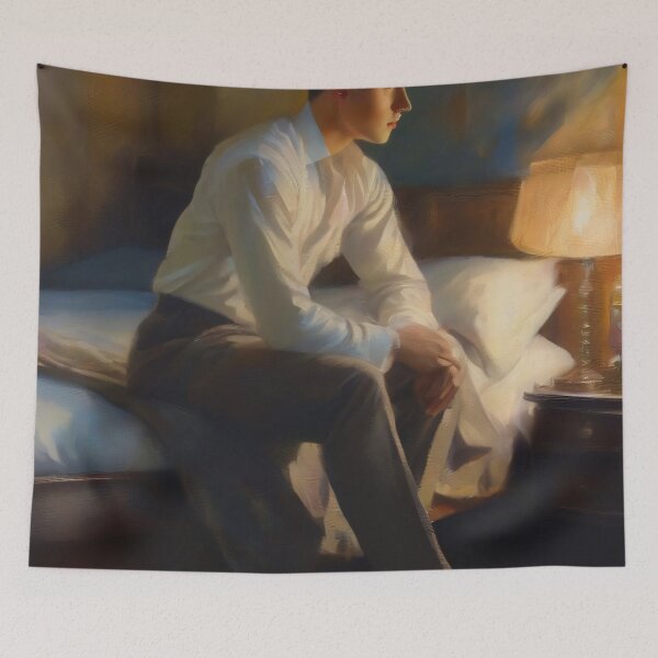 Item preview, Young man thinking on his bed designed and sold by MoodyFrames.