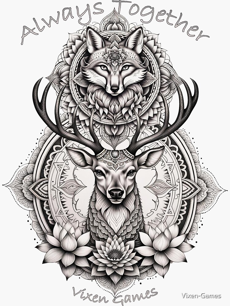 Thumbnail 3 of 3, Sticker, Always Together Vixen And Stag Mandala Magic designed and sold by Vixen-Games.