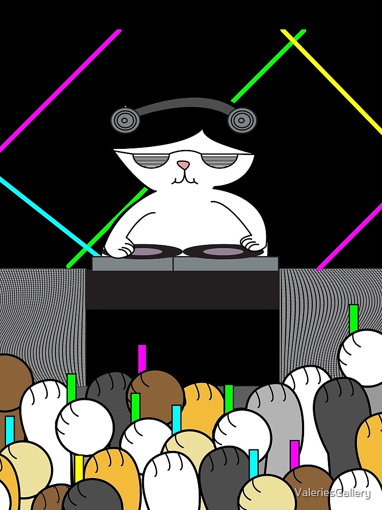 Black White Cat DJ Rave Dance Party Cat Paws by ValeriesGallery