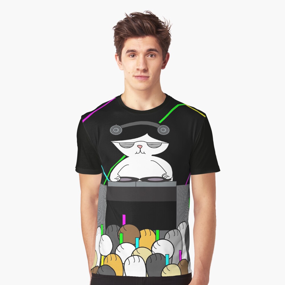 Black White Cat DJ Rave Dance Party Cat Paws Graphic T-Shirt