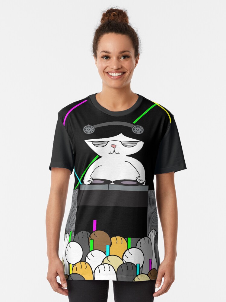 Alternate view of Black White Cat DJ Rave Dance Party Cat Paws Graphic T-Shirt
