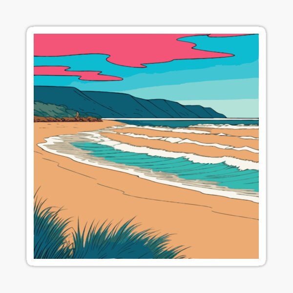 Nature: “Serene Landscape: Sunset, Beach, and Mountains” Sticker