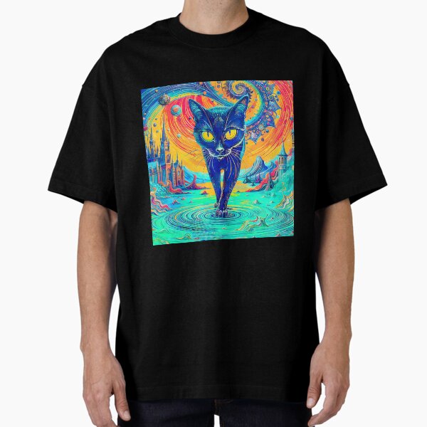 Psychedelic Cat in Surreal Fantasy Landscape Oversized T-Shirt
