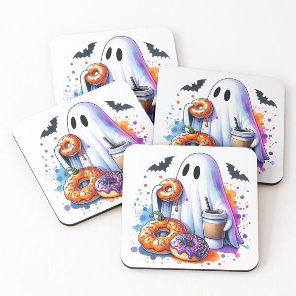Item preview, Ghost eating Halloween Donuts drinking coffee stickers and more designed and sold by CRandRRstickers.