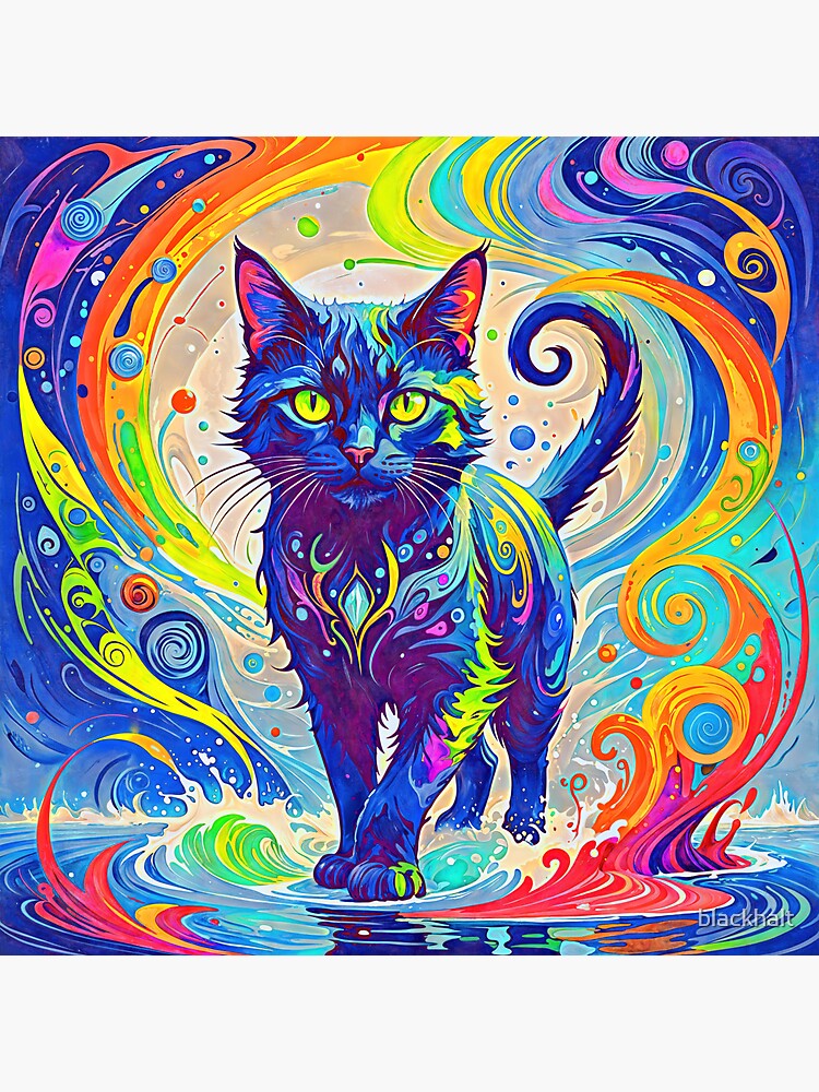 Thumbnail 3 of 3, Sticker, Surreal Cat with Swirling Patterns designed and sold by blackhalt.