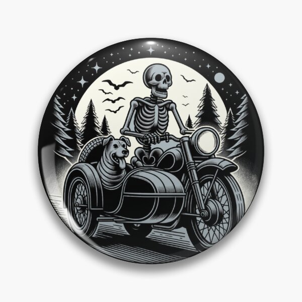 Artikelvorschau, Skelett mit Hund im Motorradbeiwagen entworfen und verkauft von Catherine Harrison.