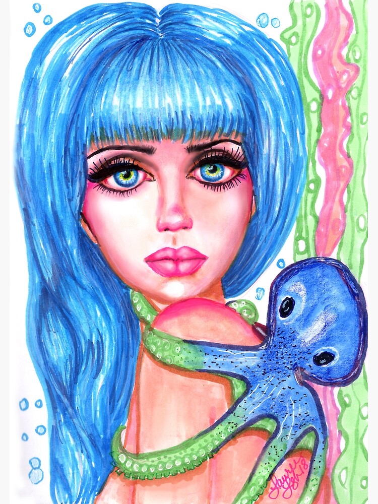 "Mermaid with Blue Octopus Fantasy Art Illustation" Poster for Sale by