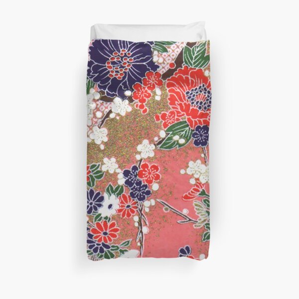 RED BLUE WHITE SPRING FLOWERS ,IN PINK AND GOLD Antique Japanese Floral Duvet Cover
