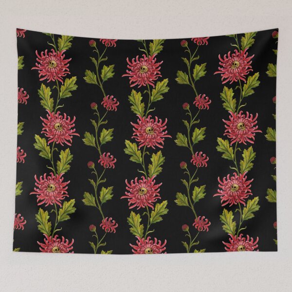 Item preview, Macabre floral skull & chrysanthemum pattern in pink, green, and black designed and sold by RedFinchDesigns.