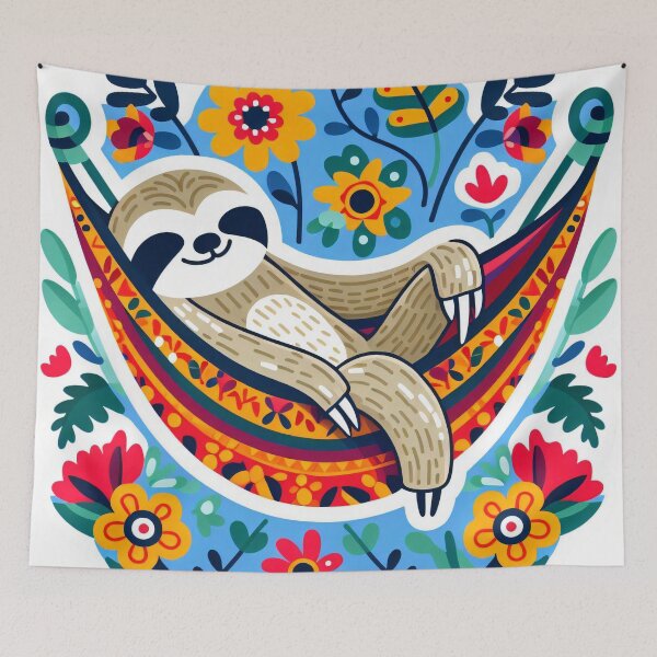 Item preview, Scandinavian Folk Art cute Sloth relaxing in a hammock designed and sold by FOLK ART FUSION by heidiannemorris.