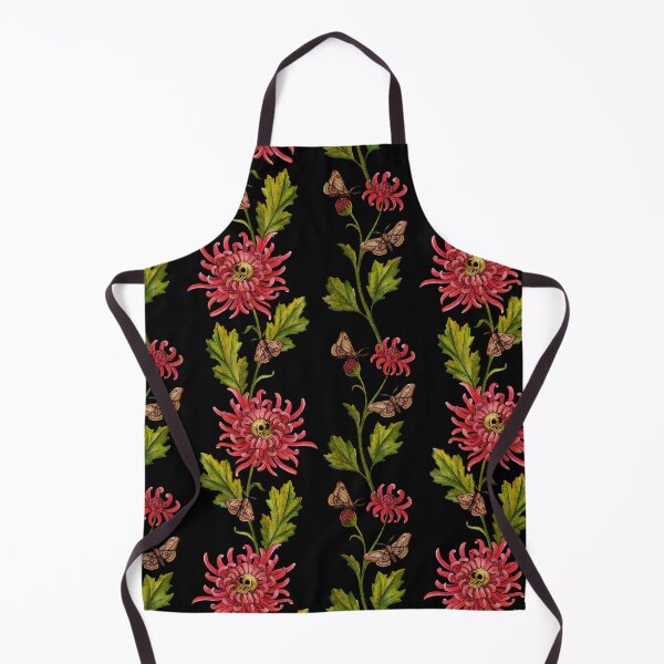 Item preview, Dark cottagecore floral skull & chrysanthemum pattern with moths in pink, green, and black designed and sold by RedFinchDesigns.