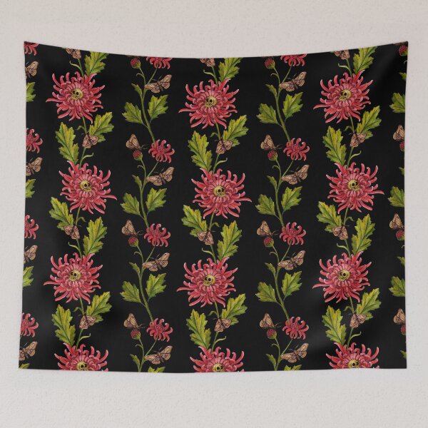 Item preview, Dark cottagecore floral skull & chrysanthemum pattern with moths in pink, green, and black designed and sold by RedFinchDesigns.