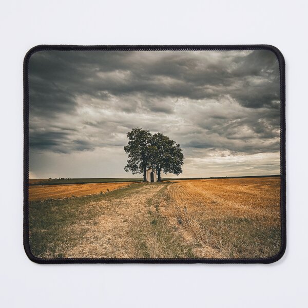 Item preview, Photo of two lonely trees with a small chapel in the middle of a mown field designed and sold by PavlinaBFDesign.