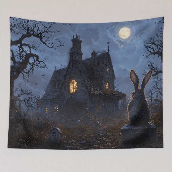 Item preview, Vintage Washed Ghostly Rabbit Emerging from a Grave by a Haunted Mansion - Halloween Core designed and sold by Matt's Artificial Nature.