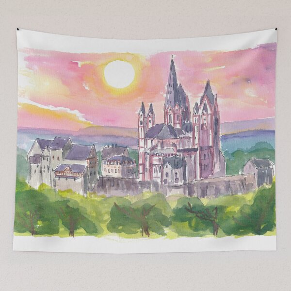 Item preview, Limburg Cathedral Watercolor Sunset Scene designed and sold by artshop77.
