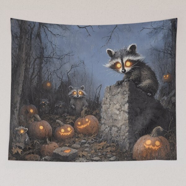 Item preview, Glowing-Eyed Raccoons in a Haunted Pumpkin Patch - Halloween Wilderness Scene designed and sold by Matt's Artificial Nature.