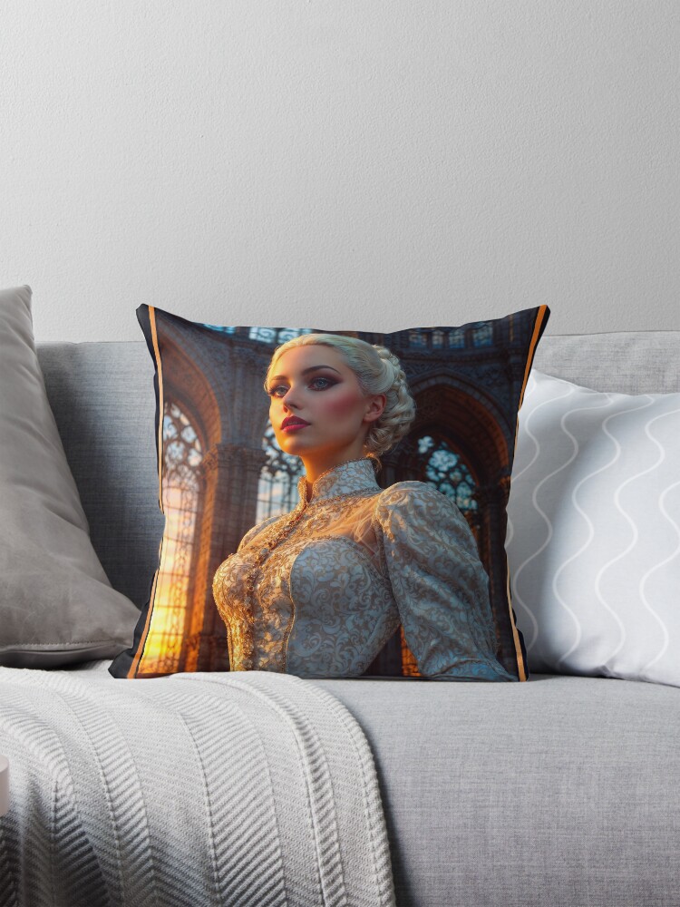 Regal Portrait Of Princess Marianna Theadorous In A Gothic Cathedral Stunning AI Concept Art by Xzendor7 Decorative Art Print Throw Pillow