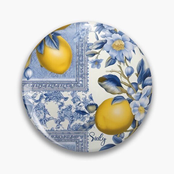 Item preview, Sicily - pattern of blue and yellow lemon tile and blue leander flowers designed and sold by EmeraldeaArt.