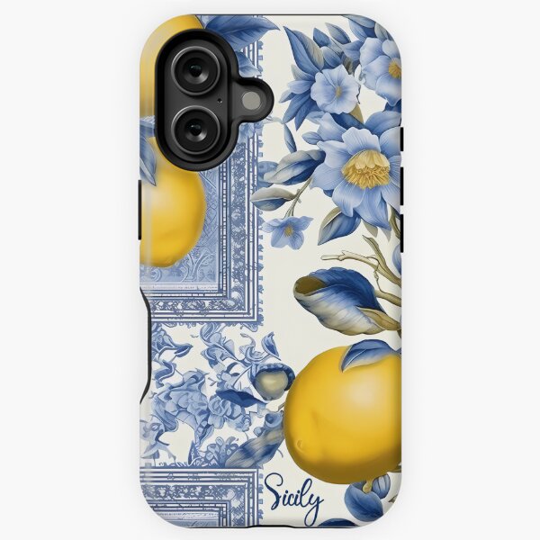 Item preview, Sicily - pattern of blue and yellow lemon tile and blue leander flowers designed and sold by EmeraldeaArt.