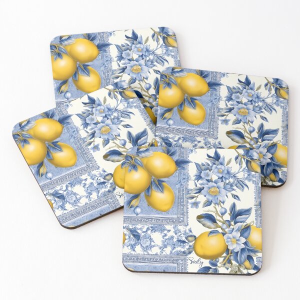 Item preview, Sicily - pattern of blue and yellow lemon tile and blue leander flowers designed and sold by EmeraldeaArt.