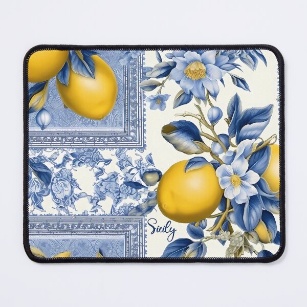 Item preview, Sicily - pattern of blue and yellow lemon tile and blue leander flowers designed and sold by EmeraldeaArt.