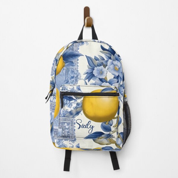 Item preview, Sicily - pattern of blue and yellow lemon tile and blue leander flowers designed and sold by EmeraldeaArt.