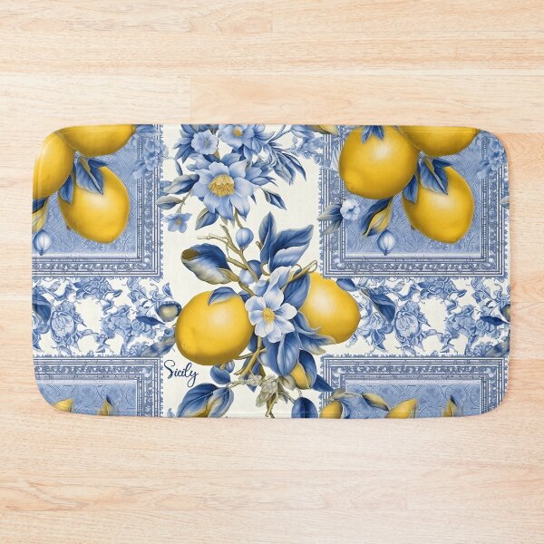 Item preview, Sicily - pattern of blue and yellow lemon tile and blue leander flowers designed and sold by EmeraldeaArt.