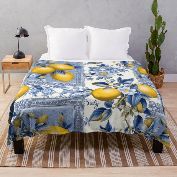 Item preview, Sicily - pattern of blue and yellow lemon tile and blue leander flowers designed and sold by EmeraldeaArt.